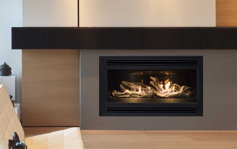 The Big Picture: Pacific Energy Esprit Louvered Gas Fireplace in Black with Driftwood Logs