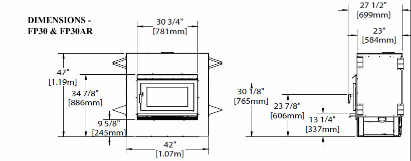 Pacific Energy FP30 Wood Fireplace Dimensions Diagram