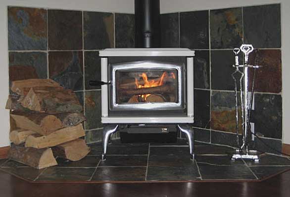 Pacific Energy Classic Wood Stove in Ivory Porcelain on hearth 