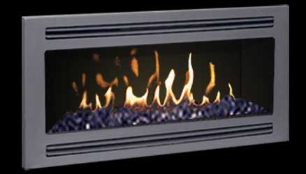 Pacific Energy Esprit Linear Gas Fireplace in Gray with Ribbon Glass Flame Display