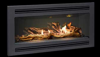 Pacific Energy Esprit Linear Gas Fireplace in Black with Driftwood Logs