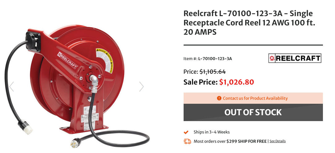 Reelcraft Spring Retractable Power Cord Reel - 100 Ft. Single