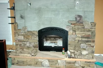 [Hearth.com] Quadrafire 7100 - pictures before and after with stonework