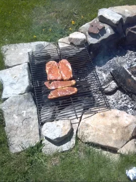 [Hearth.com] New York Strips on applewood = one happy family!!