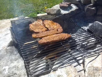 [Hearth.com] New York Strips on applewood = one happy family!!