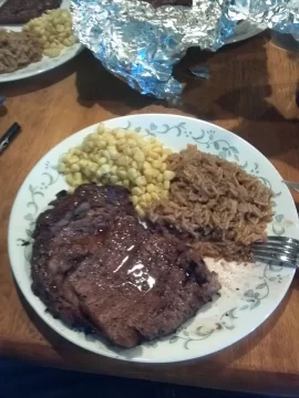 [Hearth.com] New York Strips on applewood = one happy family!!