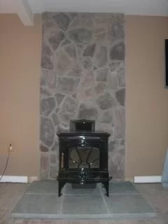 [Hearth.com] Stove, rock wall, hearth install pics