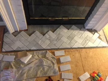 [Hearth.com] Tiling a woodstove hearth with small tiles & heavy stove