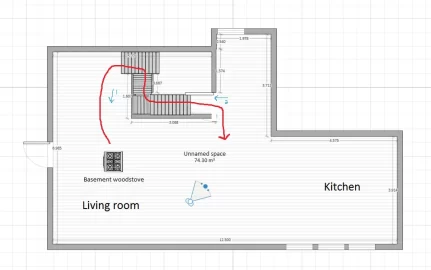 [Hearth.com] How would you best place fans for this tricky woodstove placement to move heat upstairs?