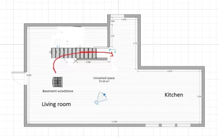 [Hearth.com] How would you best place fans for this tricky woodstove placement to move heat upstairs?