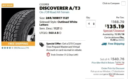 [Hearth.com] Tires: Deal ends 10/31 Cooper A/T3's