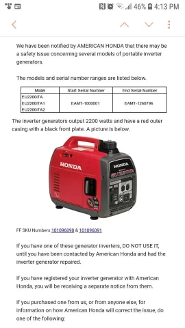 [Hearth.com] Honda generator recall