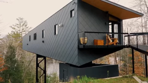 [Hearth.com] Sleek, modern cabin on a cliff: Why a stovepipe offset?