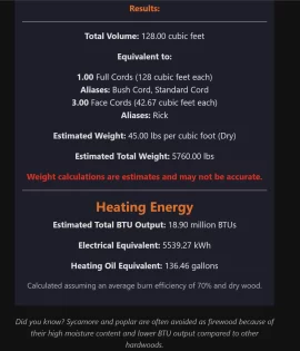 [Hearth.com] I Built a Firewood Calculator (total cordage, cu/ft, weight, BTU and more)