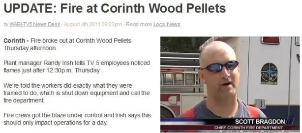 [Hearth.com] 8/5/2011 - Firefighters extinguish Corinth Wood Pellets fire